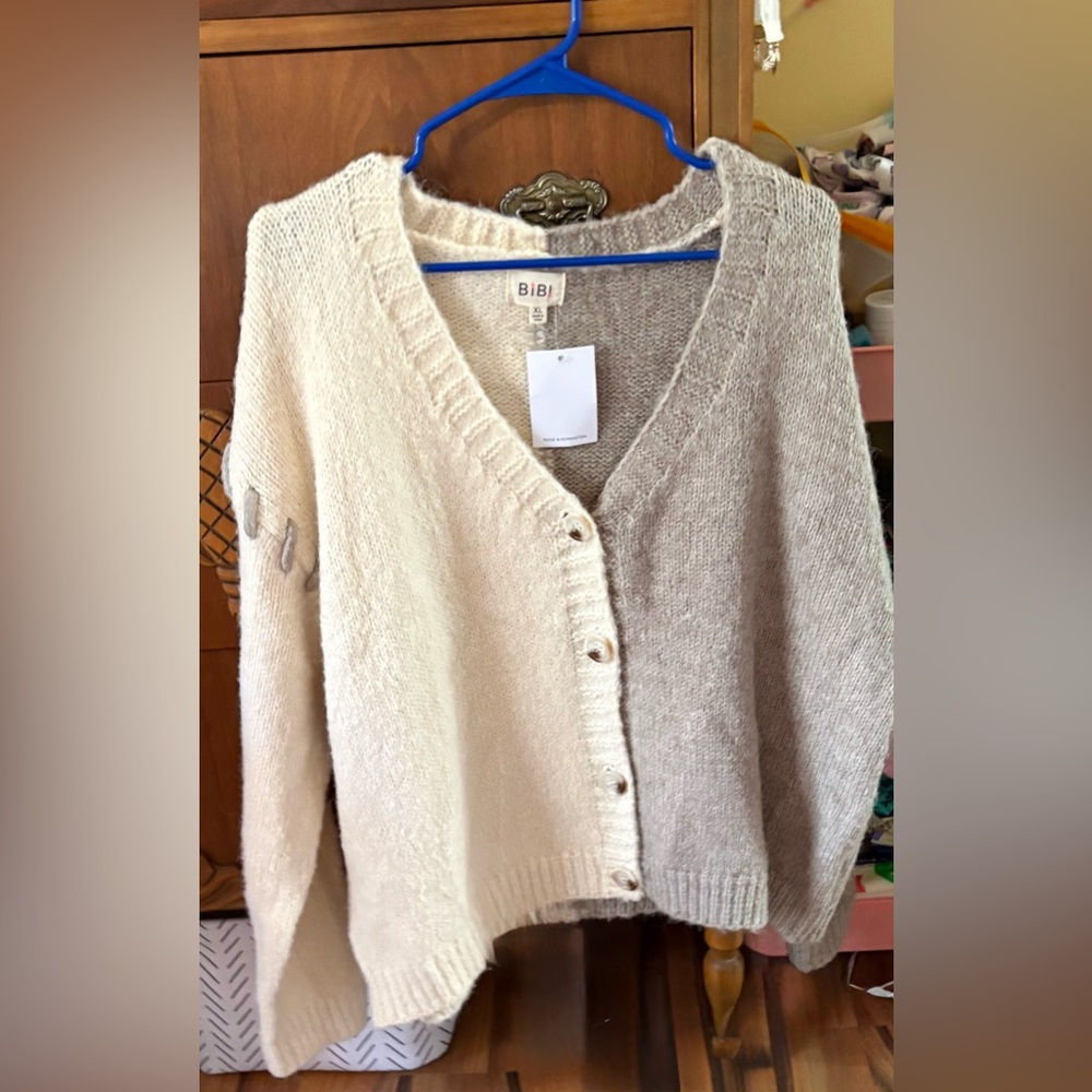 BiBi Cream and Tan Women's Wool Blend Cardigan